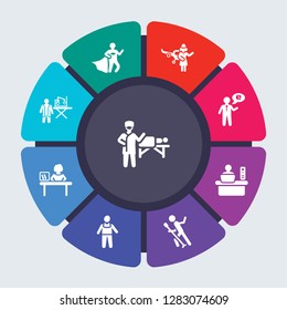 professions vector template for infographics. Business concept with 9 options, steps, parts, segments. Banner infographic cycling diagram, round chart, Surgeon, Superhero, stewardess icons