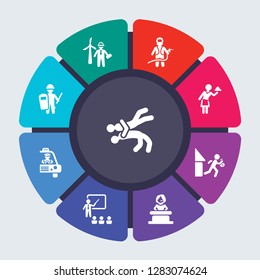 professions vector template for infographics. Business concept with 9 options, steps, parts, segments. Banner infographic cycling diagram, round chart, Wrestling, Wind Turbine Technician icons
