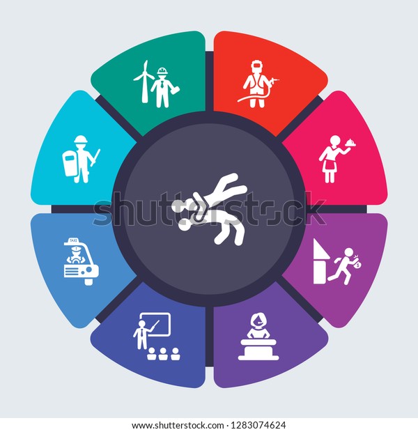 professions vector template for infographics.
Business concept with 9 options, steps, parts, segments. Banner
infographic cycling diagram, round chart, Wrestling, Wind Turbine
Technician icons