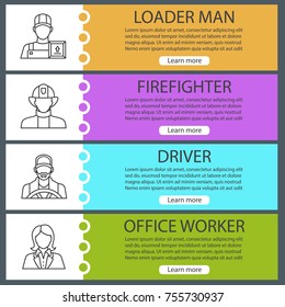 Professions web banner templates set. Loader man, firefighter, driver, office worker. Website color menu items with linear icons. Vector headers design concepts