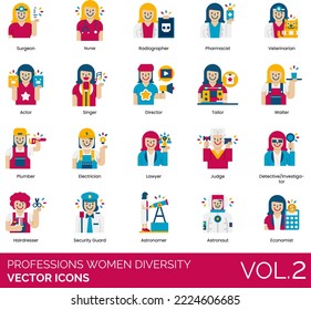 Professions Women Diversity Icons including Accountant, Actor, Air Traffic Controller, Animal Trainer, Architect, Artist, Assistant, Astronaut, Astronomer, Athlete, Baker, Banker, Bus Driver