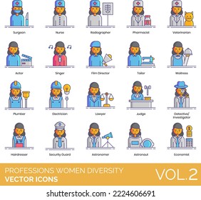 Professions Women Diversity Icons including Accountant, Actor, Electrician, Farmer, Fashion Designer, Fashion Model, Film Director, Firefighter, Flight Attendant, Florist, Graphic Designer