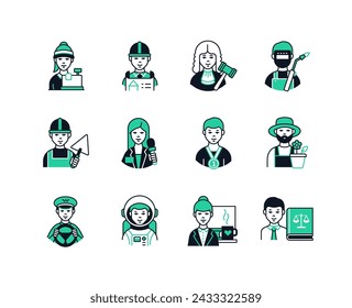 Professions for women and men - line design style icons set with editable stroke. Cashier, engineer, judge, laborer, journalist, athlete, gardener, taxi driver, astronaut, office worker, lawyer