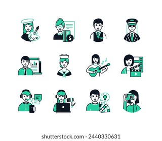 Professions for women and men - line design style icons set with editable stroke. Artist, flight attendant and pilot, sailor, violinist, photographer, designer, podcast host, call center operator