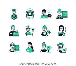 Professions for women and men - line design style icons set with editable stroke. Taxi driver, astronaut, office worker, lawyer, welder, cashier, builder, judge, foreman, journalist, master of sports