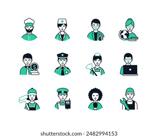 Professions for women and men - line design style icons set with editable stroke. Cook, doctor, policeman, teacher, singer, painter, repairman, maid, banker, chemist. Gender diversity and choice idea