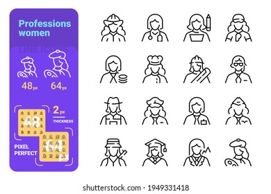 Professions women pixel perfect vector illustration. Set of different occupation for female flat style. Doctor painter teacher and other. Job concept. Isolated on white background