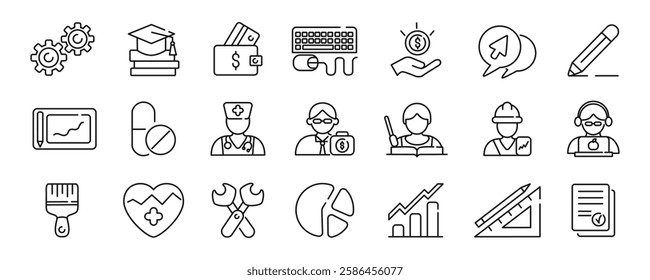 Professions and work icons set. Doctor, programmer, banker, office worker, teacher. Vector.