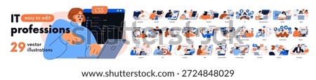It professions, work on internet set. Software development, programming, marketing, 3d and web design. Information technology business. Flat graphic vector illustrations isolated on white background