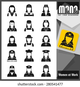 Professions: Worker women. Set of flat monochromatic icons. No borders. No margin. Transparent background. Vector file with well sorted and named layers for designers convenience.
