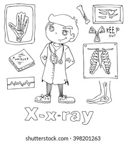 the professions x-ray in alphabetical order cartoon hand drawn outline for coloring adult isolated on the white background