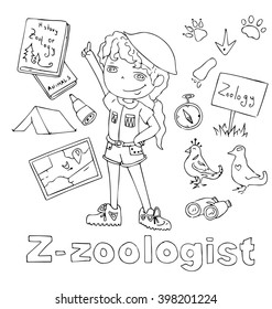 the professions zoologist in alphabetical order cartoon hand drawn outline for coloring adult isolated on the white background