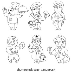 Professions.Cook, Postman, Policeman, Boxer, Doctor, Fireman. Coloring Book. Vector Illustration. Isolated On White Background