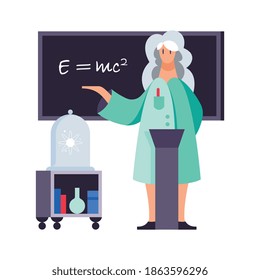 Profesor con placa negra en el fondo y equipo de laboratorio ilustración vectorial plana