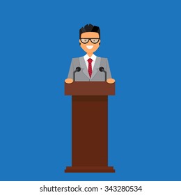 Professor or businessman on tribune. Professor of speech at the podium. Vector