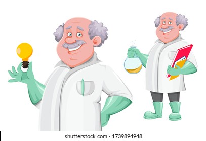 Professor cartoon character, set of two poses. Usable also as scientist, chemist, laboratory assistant, inventor, teacher etc. Vector illustration