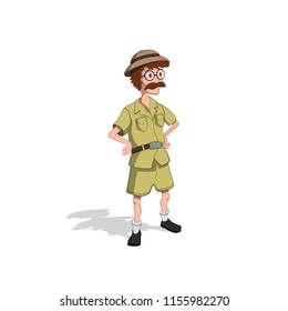 Professor in cartoon style. Image of hunter in isometric view. Drawing of jungle researcher. Vector illustration 