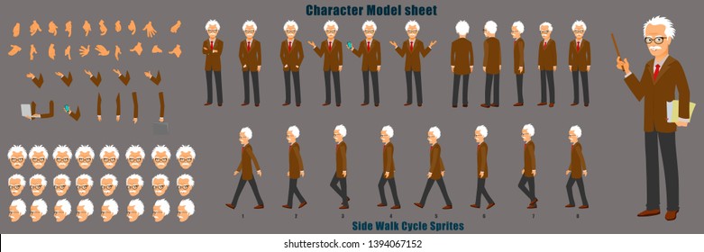 Professor Character Model Sheet With Walk Cycle Animation. Character Design. Front, Side, Back View Animated Character. Character Creation Set With Various Views, Face Emotions,poses And Gestures.