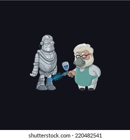 Professor character paint robot. Professor invent. Vector illustration