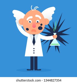 The professor character standing with the bang flask . Flat design vector funny illustration. Back to school idea. 