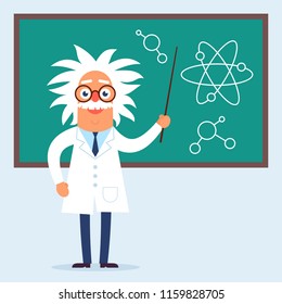 The professor character standing in the classroom near blackboard. Flat design funny illustration. Back to school idea. 