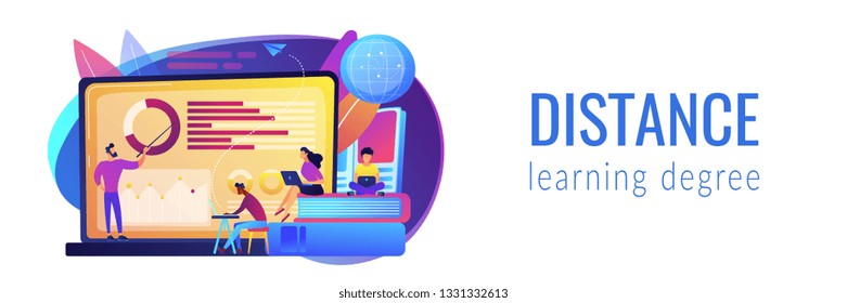 Professor with charts teaching students from laptop screen and globe. Distance education, off-campus learning, distance learning degree concept. Header or footer banner template with copy space.