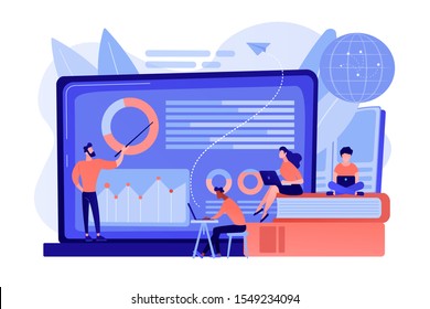 Professor with charts teaching students from laptop screen and globe. Distance education, off-campus learning, distance learning degree concept. Pinkish coral bluevector isolated illustration