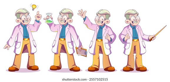 Professor chemist cartoon character set in lab coat with potion flask, notepad and pointer. Scientific genius thinking with light bulb idea, holding chemical substance, waving hand, teaching.