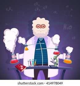 Professor of chemistry conducts experiments in the lab with test tubes and chemical elements poster vector illustration