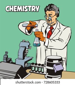 professor of chemistry mixes reagents, pop art retro comic style, vector image