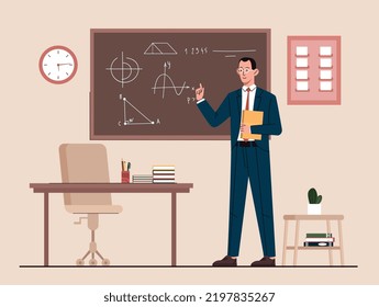 Professor at classroom. Man with book describe graphs and equations on blackboard. Teacher of physics and mathematics conducts lesson. School or university, education. Cartoon flat vector illustration