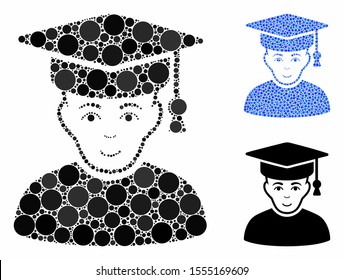 Professor composition of small circles in variable sizes and color tones, based on professor icon. Vector dots are combined into blue composition. Dotted professor icon in usual and blue versions.