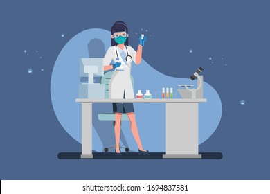 Professor, doctor, scientist and science technician doing research and analysis in medical science laboratory. Vector illustration of flat design people characters.