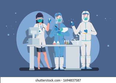 Professor, doctor, scientist and science technician doing research and analysis in medical science laboratory. Vector illustration of flat design people characters.