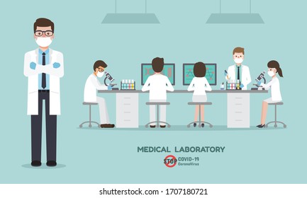 Professor, doctor, scientist and science technician doing research and analysis vaccine for Coronavirus, Covid-19 in medical science laboratory. 