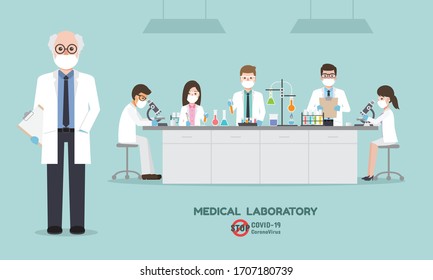 Professor, doctor, scientist and science technician doing research and analysis vaccine for Coronavirus, Covid-19 in medical science laboratory. 