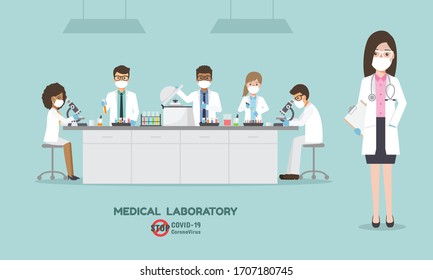 Professor, doctor, scientist and science technician doing research and analysis vaccine for Coronavirus, Covid-19 in medical science laboratory. 