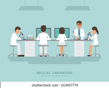 Professor, doctor, scientist and science technician doing research and analysis in medical science laboratory. Vector illustration of flat design people characters.