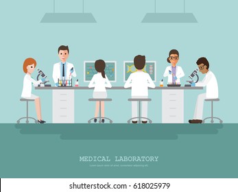 Professor, doctor, scientist and science technician doing research and analysis in medical science laboratory. Vector illustration of flat design people characters.