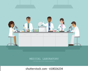 Professor, doctor, scientist and science technician doing research and analysis in medical science laboratory. Vector illustration of flat design people cartoon character.