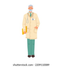 Professor or doctor with stethoscope on neck and document in hands. Medical staff, worker in clinics or hospital. Personage or character, vector in flat cartoon style