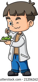 The professor is doing the experiment with frog in the laboratory of illustration