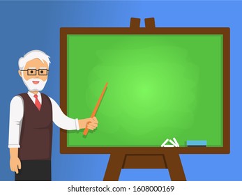 A professor explained something on the chalkboard. University teacher in flat cartoon style. 