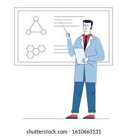 Professor explaining medical research result. Man in white coat presenting molecule structure flat vector illustration. Presentation, education concept for banner, website design or landing web page