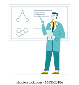 Professor explaining medical research result. Man in white coat presenting molecule structure flat vector illustration. Presentation, education concept for banner, website design or landing web page