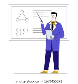 Professor explaining medical research result. Man in white coat presenting molecule structure flat vector illustration. Presentation, education concept for banner, website design or landing web page