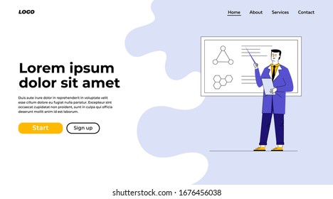 Professor explaining medical research result. Man in white coat presenting molecule structure flat vector illustration. Presentation, education concept for banner, website design or landing web page