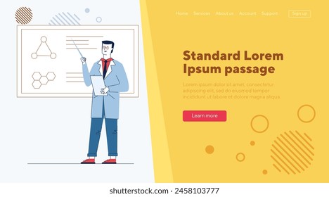 Professor explaining medical research result. Man in white coat presenting molecule structure flat vector illustration. Presentation, education concept for banner, website design or landing web page