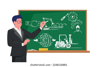 Professor explaining seminar lecture topic using illustrations on class blackboard. Young teacher pointing and showing something with chalk. Flat vector illustration isolated on white background.