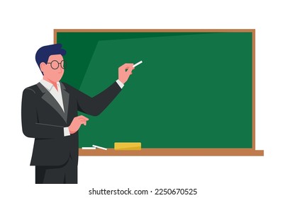 Professor explaining seminar lecture topic on empty blackboard. Young teacher pointing and showing something with chalk. Flat vector illustration isolated on white background.